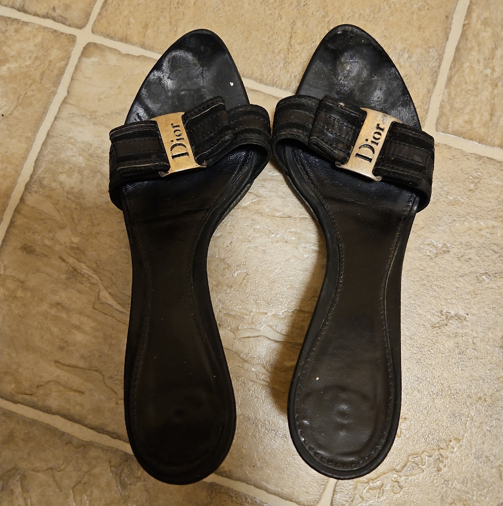 Dior Black Leather Slide Sandals with Gold Dior Plaque